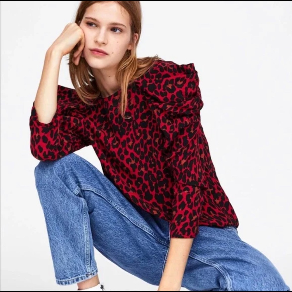 Zara red/ black draped animal print blouse Size XS